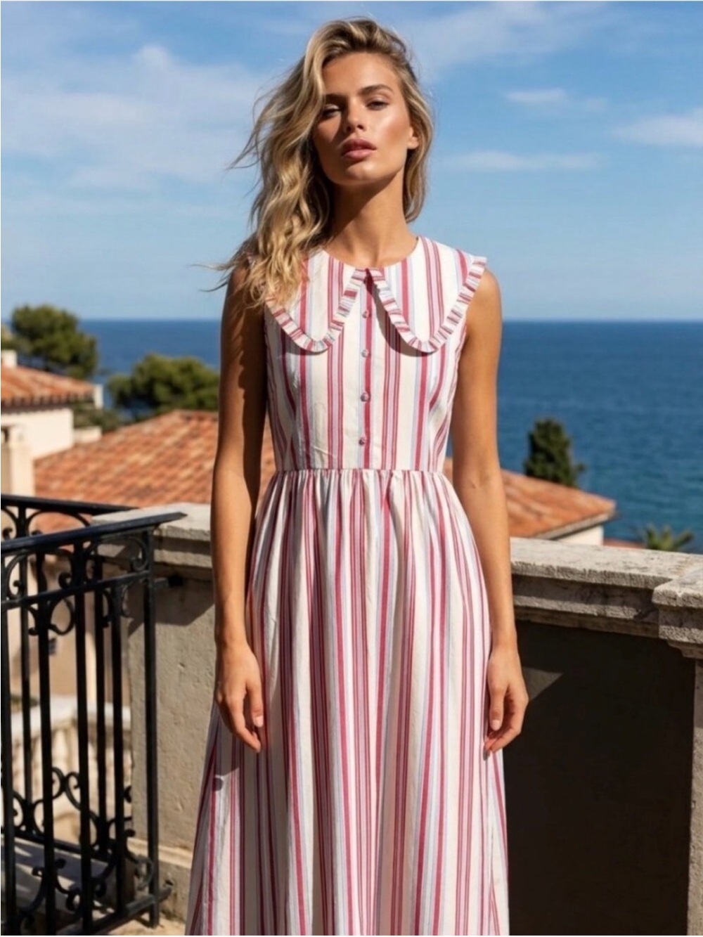 Caroline Constas midi dress Striped Cotton ruffle oversized Collar pockets